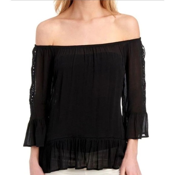 Fever Off Shoulder Peasant Top Blouse Black Size Small - Picture 12 of 13